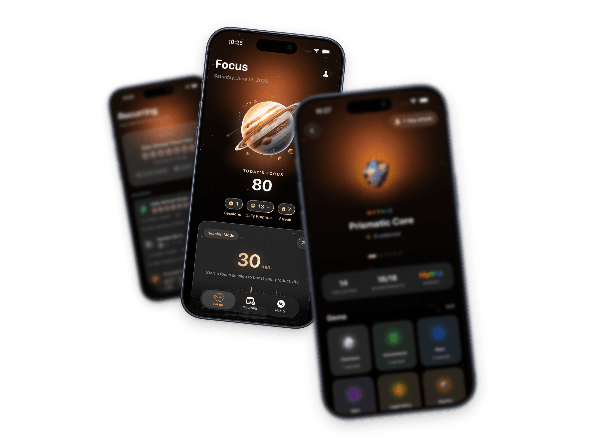 Rune app — multiple iPhone screens showing focus sessions, schedule, and goals