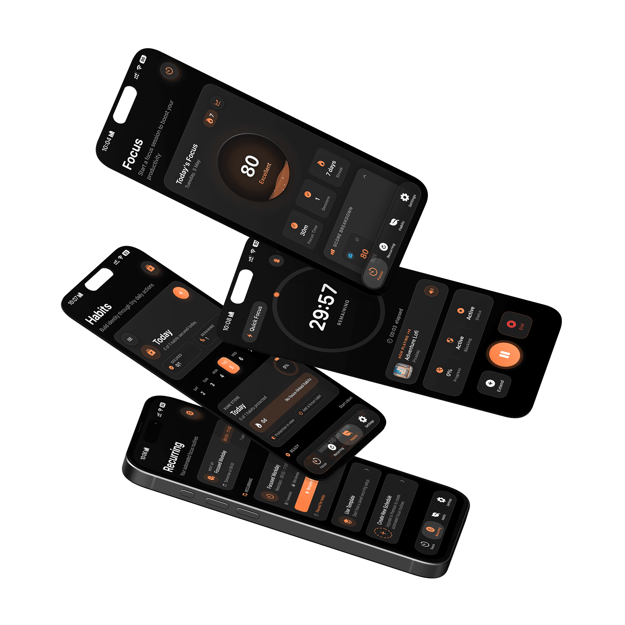 Rune app — multiple iPhone screens showing focus sessions, schedule, and goals