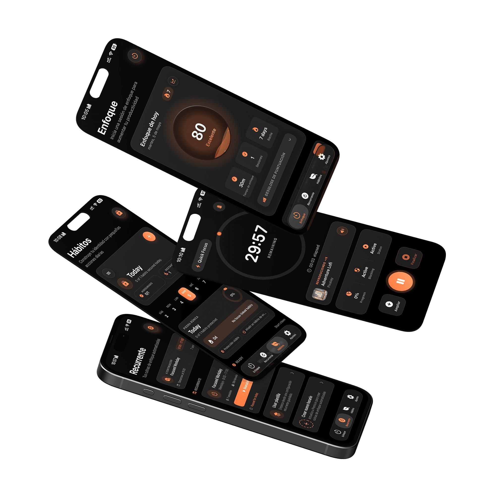 Rune app — multiple iPhone screens showing focus sessions, schedule, and goals