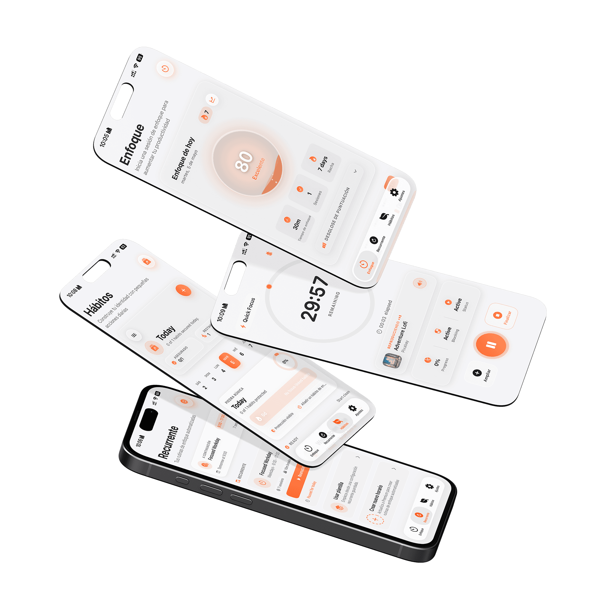 Rune app — multiple iPhone screens showing focus sessions, schedule, and goals